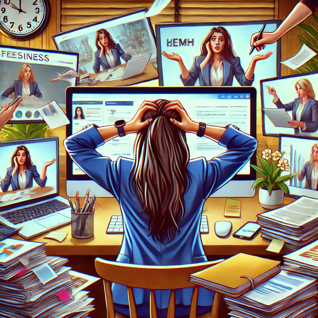 Frustrated businesswoman overwhelmed by managing multiple online tasks, including social media marketing, video creation, and project management. Represents the challenges of handling online presence and video marketing for small businesses without proper