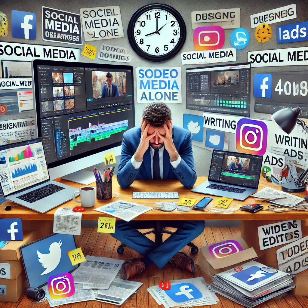 Overwhelmed business owner managing multiple social media platforms, video editing, and content creation alone, surrounded by disorganized screens and social media icons. Represents the chaos and frustration of handling video marketing, social media manage