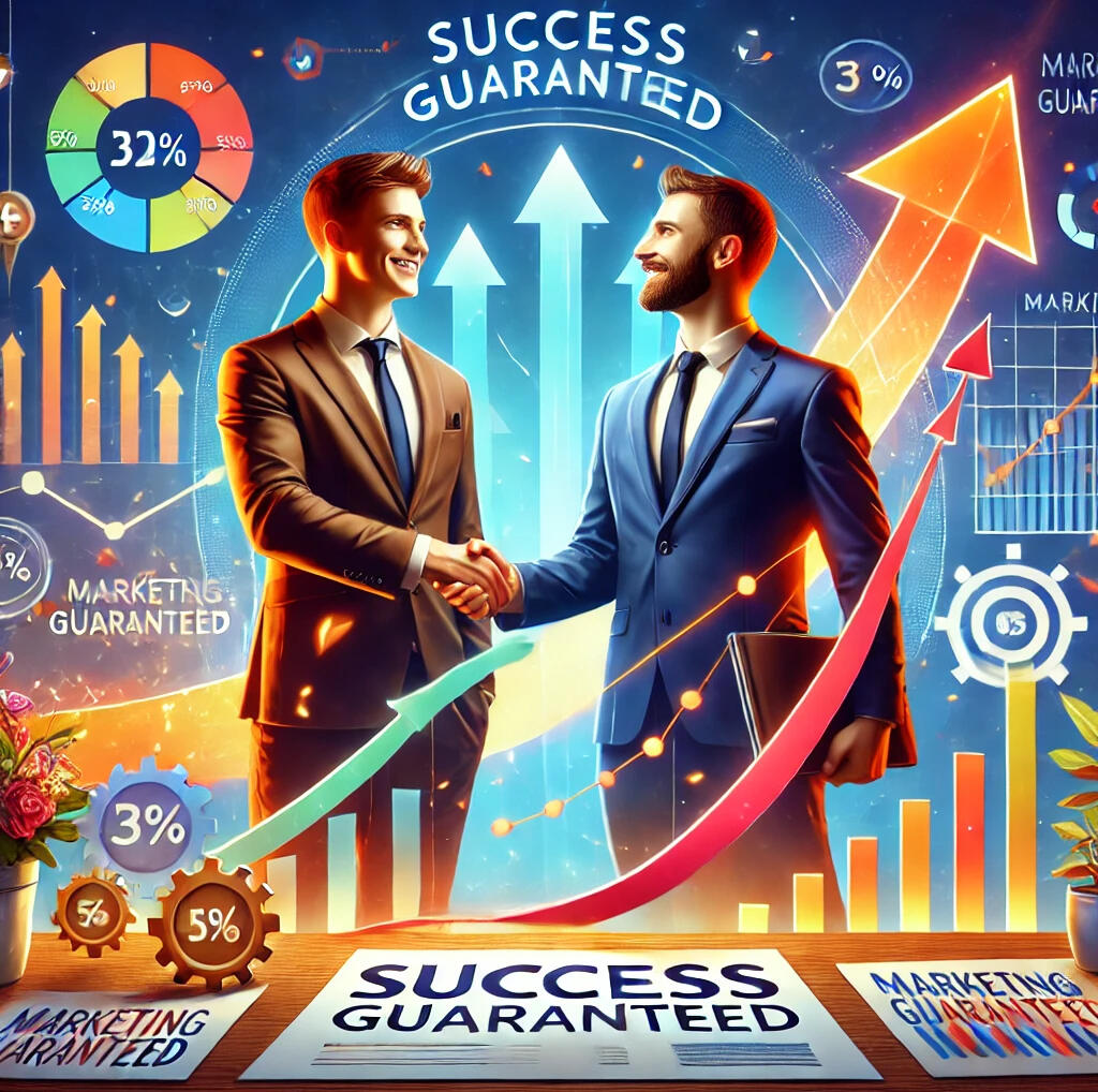 Two business professionals shaking hands, symbolizing guaranteed success in video marketing strategies. The background shows rising graphs and charts highlighting growth in leads, sales, and online presence for local businesses through effective marketing