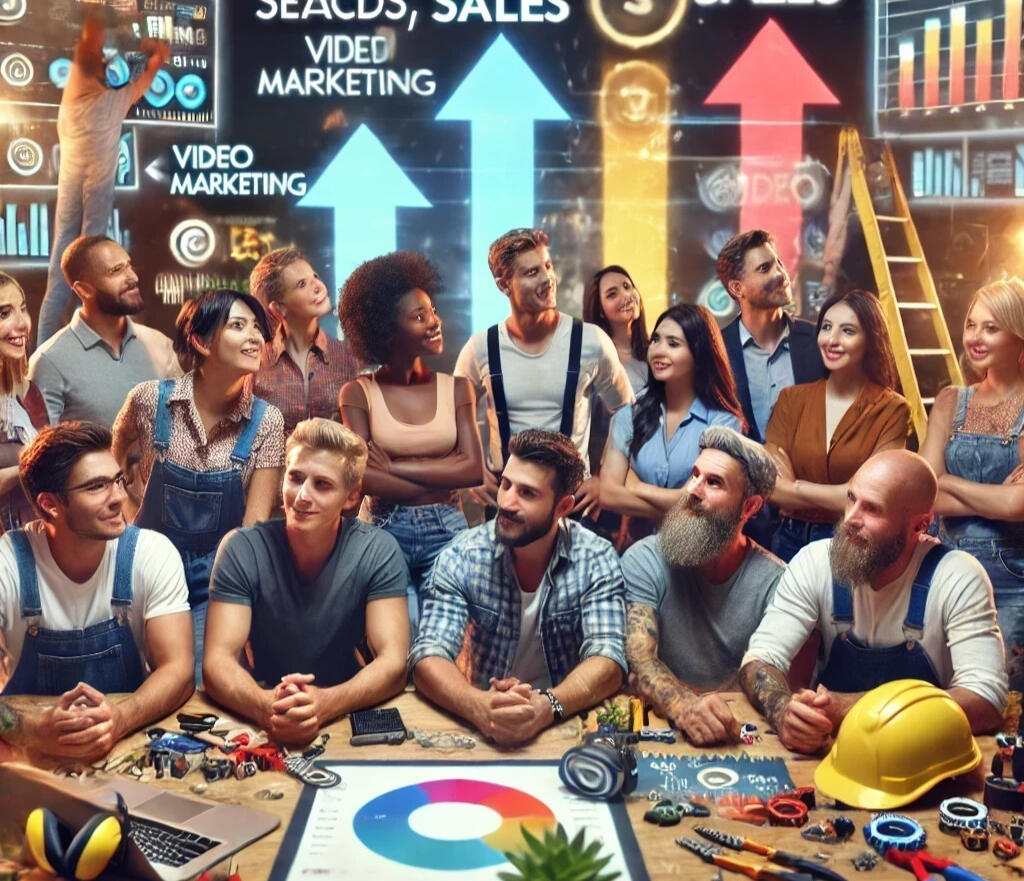 Group of diverse small business owners and tradespeople benefiting from video marketing strategies. The image highlights increased leads, sales, and online engagement through tailored video marketing solutions that help local businesses improve their onlin