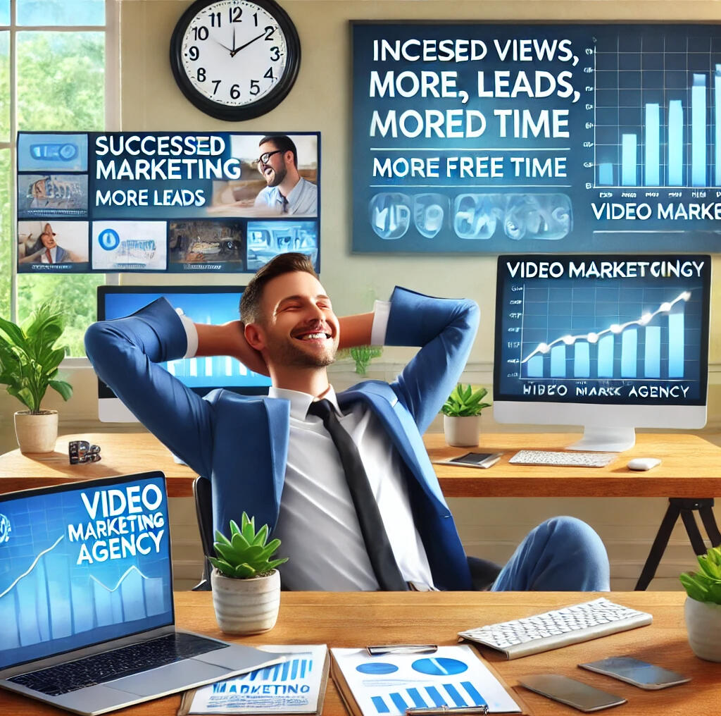 Successful business owner enjoying results from a video marketing agency, with charts showing increased leads, views, and free time. Highlights the benefits of video marketing for small businesses, improving online presence, and social media engagement.