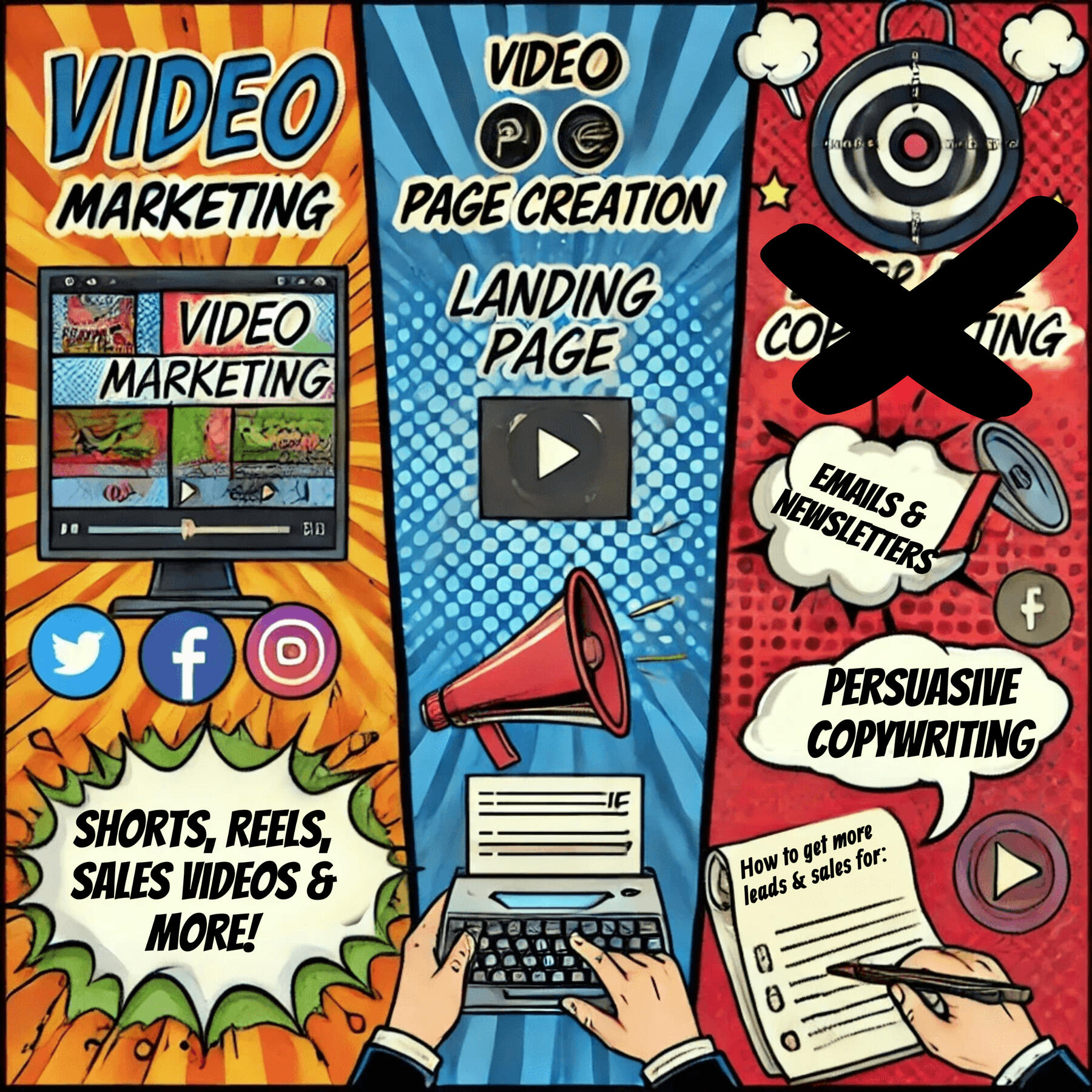 Comic-style infographic showing services like video marketing, landing page creation, and persuasive copywriting. Highlights the importance of video marketing for local businesses, improving online presence with shorts, reels, and newsletters to drive lead